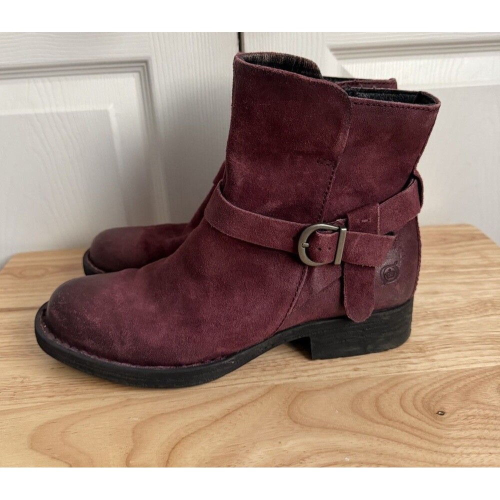 Born Syd Ankle Boots Bootie Wine Maroon Suede Distressed Womens 8M Moto Zip